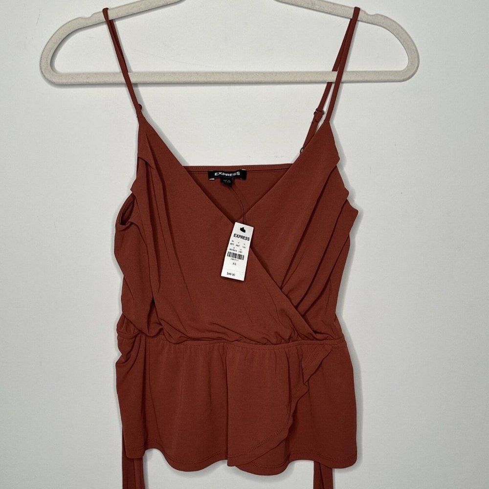 Express Faux Wrap Tank Top Size XS Rust Brown Waist Tie Stretch Surplice Boho